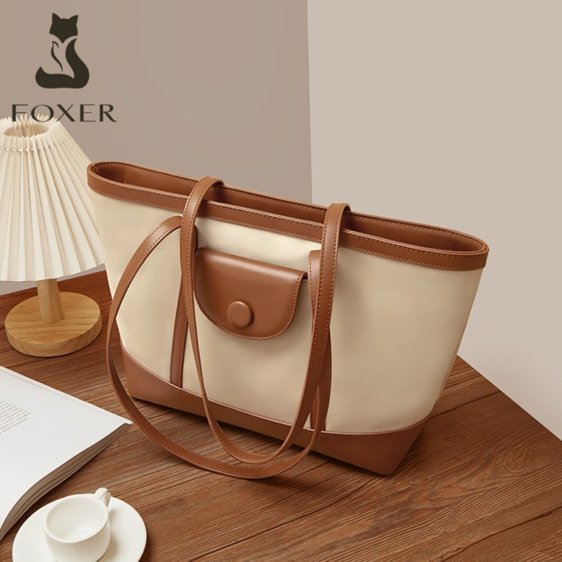 Δερμάτινη Γυναικεία Τσάντα Shopper ‘Ωμου Foxer 9151041F άσπρο/καφέ 