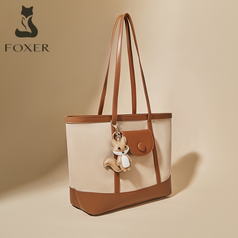 Δερμάτινη Γυναικεία Τσάντα Shopper ‘Ωμου Foxer 9151041F άσπρο/καφέ 