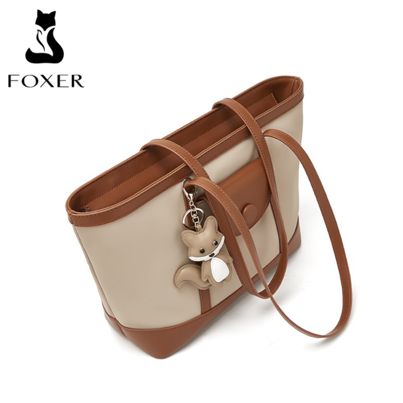 Δερμάτινη Γυναικεία Τσάντα Shopper ‘Ωμου Foxer 9151041F άσπρο/καφέ 