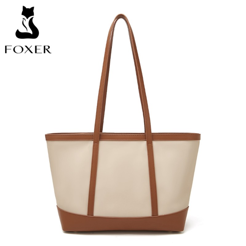 Δερμάτινη Γυναικεία Τσάντα Shopper ‘Ωμου Foxer 9151041F άσπρο/καφέ 