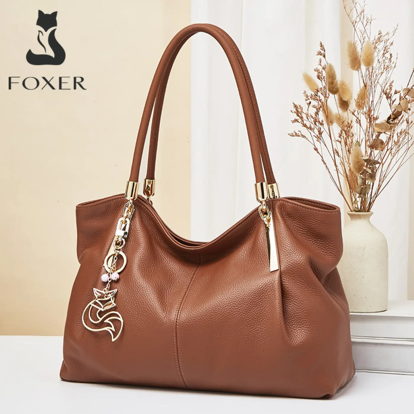 Δερμάτινη Γυναικεία Τσάντα Shopper ‘Ωμου Foxer 958136F καφέ 